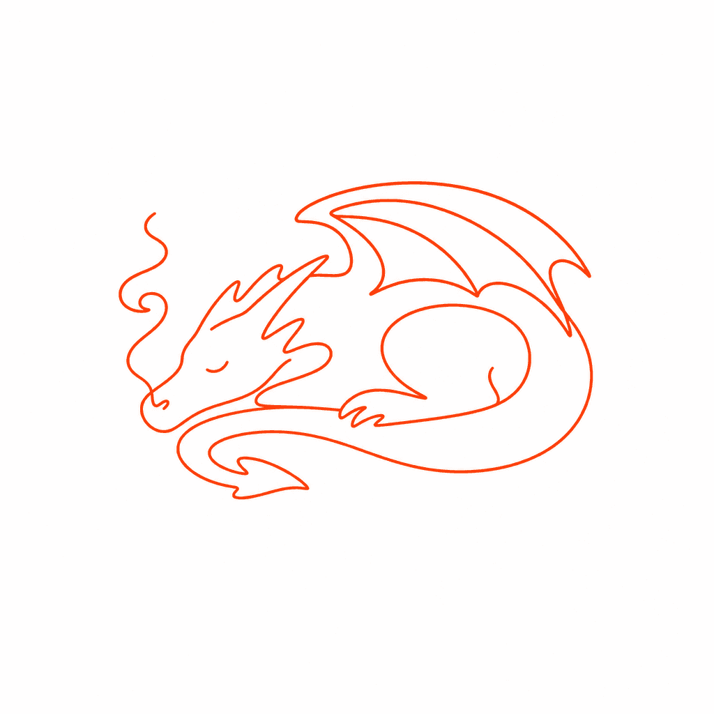 Dessin d'un dragon endormi tracé d'une seule ligne orange