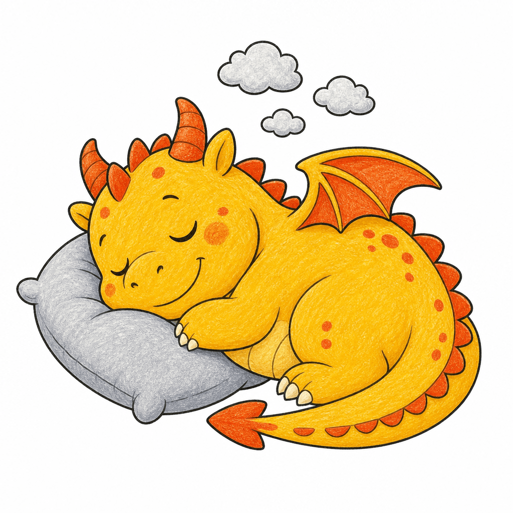 Dessin d'un dragon rondouillard endormi, style album jeunesse