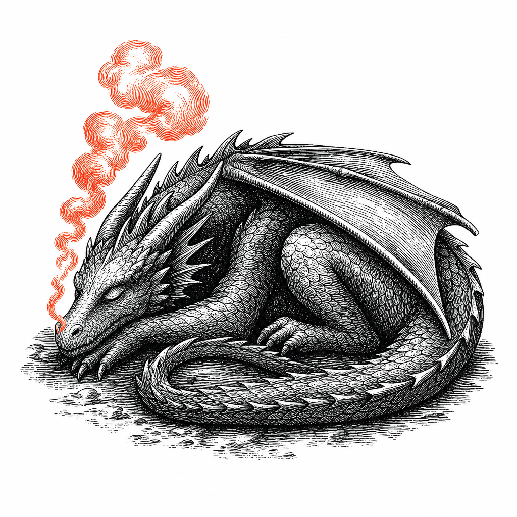 Dessin d'un dragon endormi en gravure noire, fumée orange