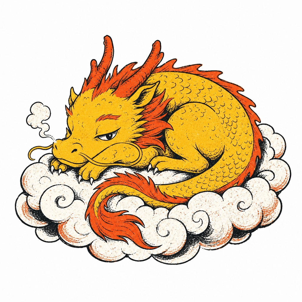Dessin d'un dragon jaune endormi sur un nuage, style sérigraphie