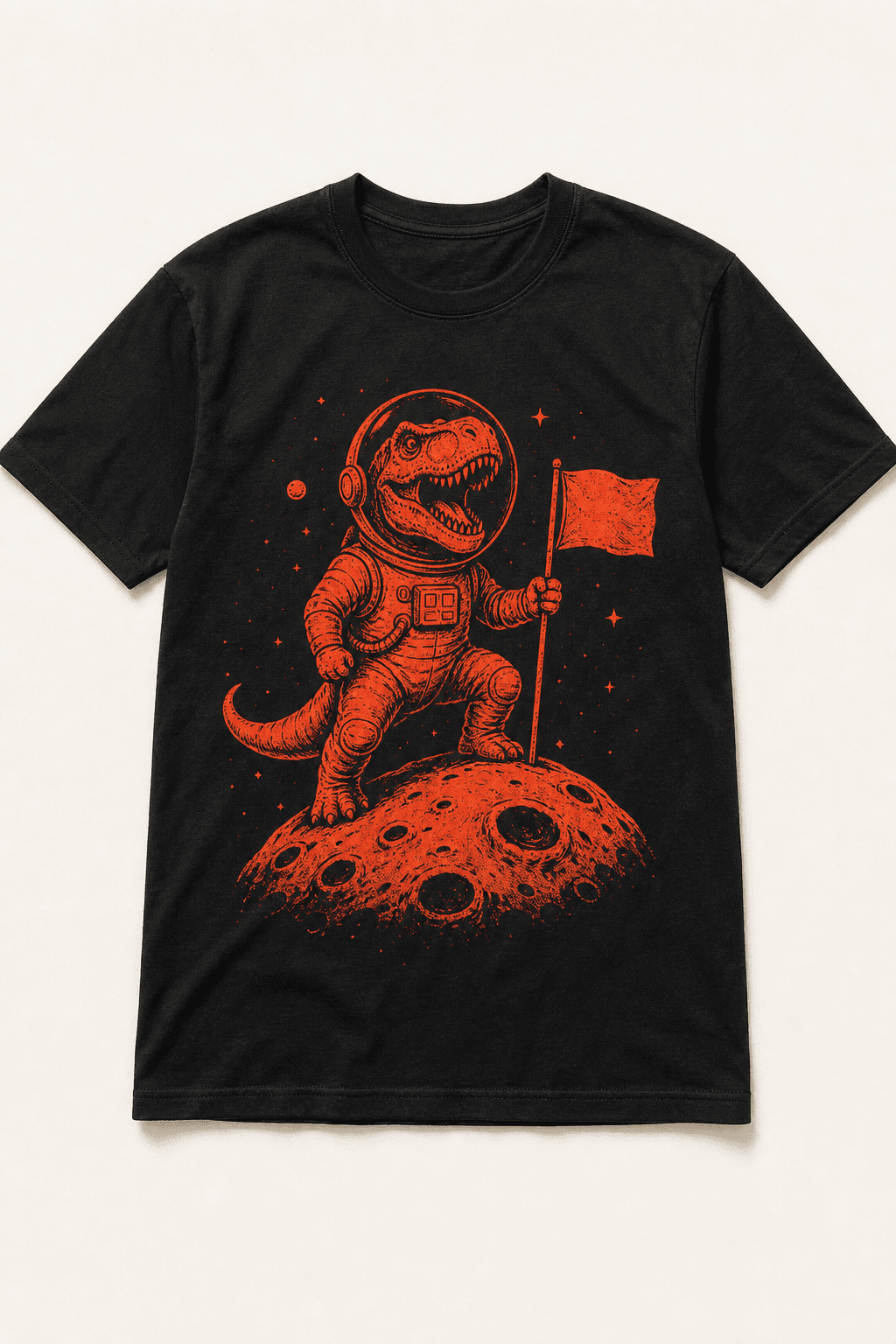 T-shirt noir posé à plat, imprimé d'un tyrannosaure astronaute orange