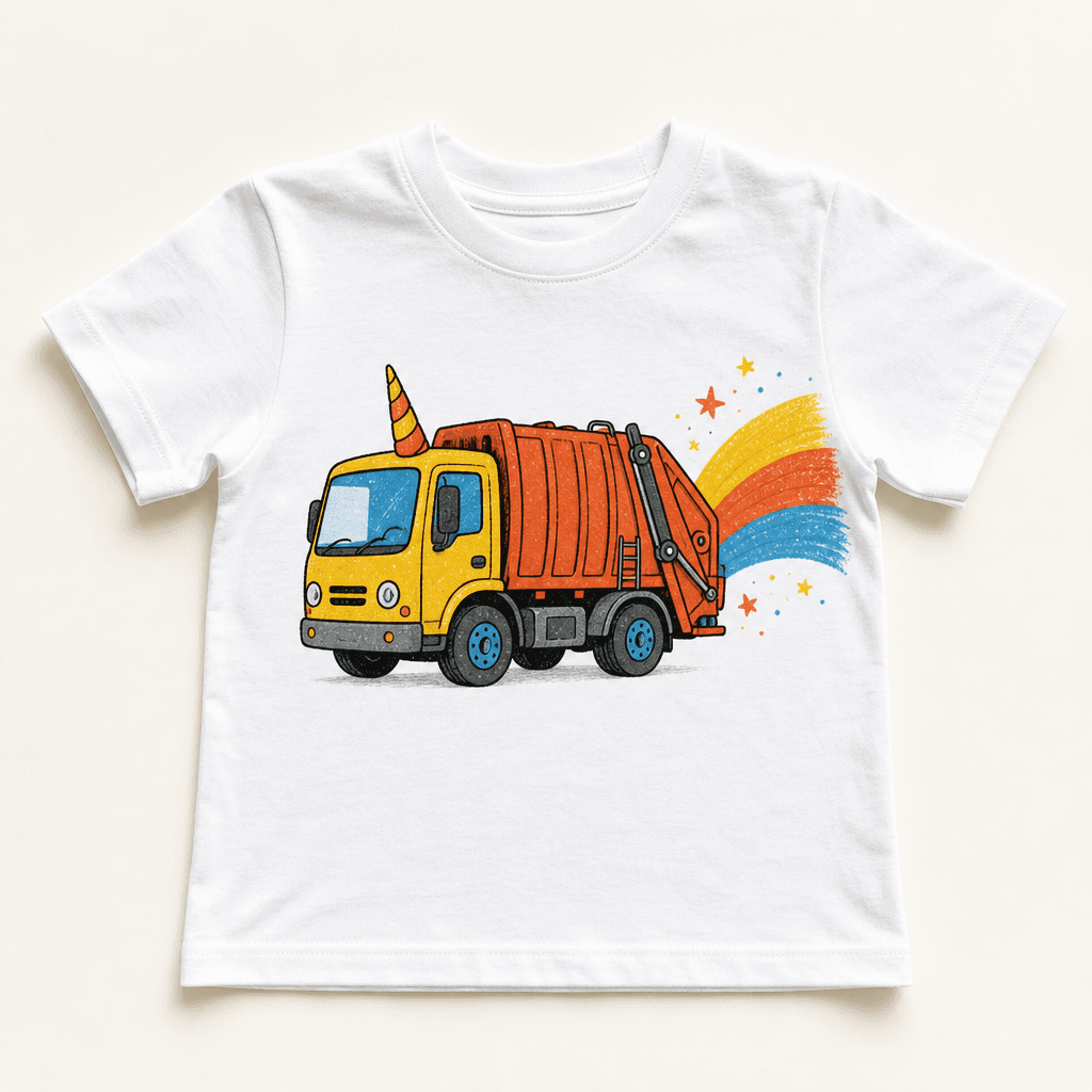 T-shirt blanc d'enfant posé à plat, imprimé d'un camion-poubelle à corne de licorne